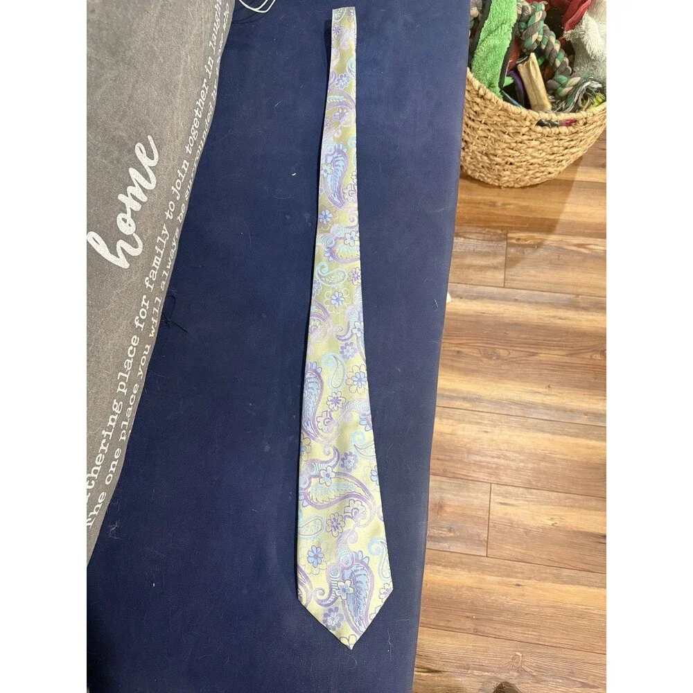 Kai Long Tie Necktie 100% Silk Yellow Blue Purple Paisley - Hand Made